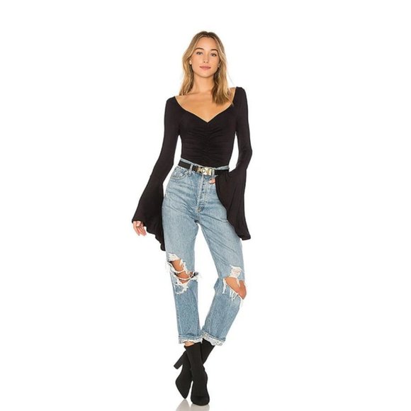 Free People What A Babe Top Long Flare Bell Sleeves Ruching Boho 70s Funky Retro - Picture 12 of 12